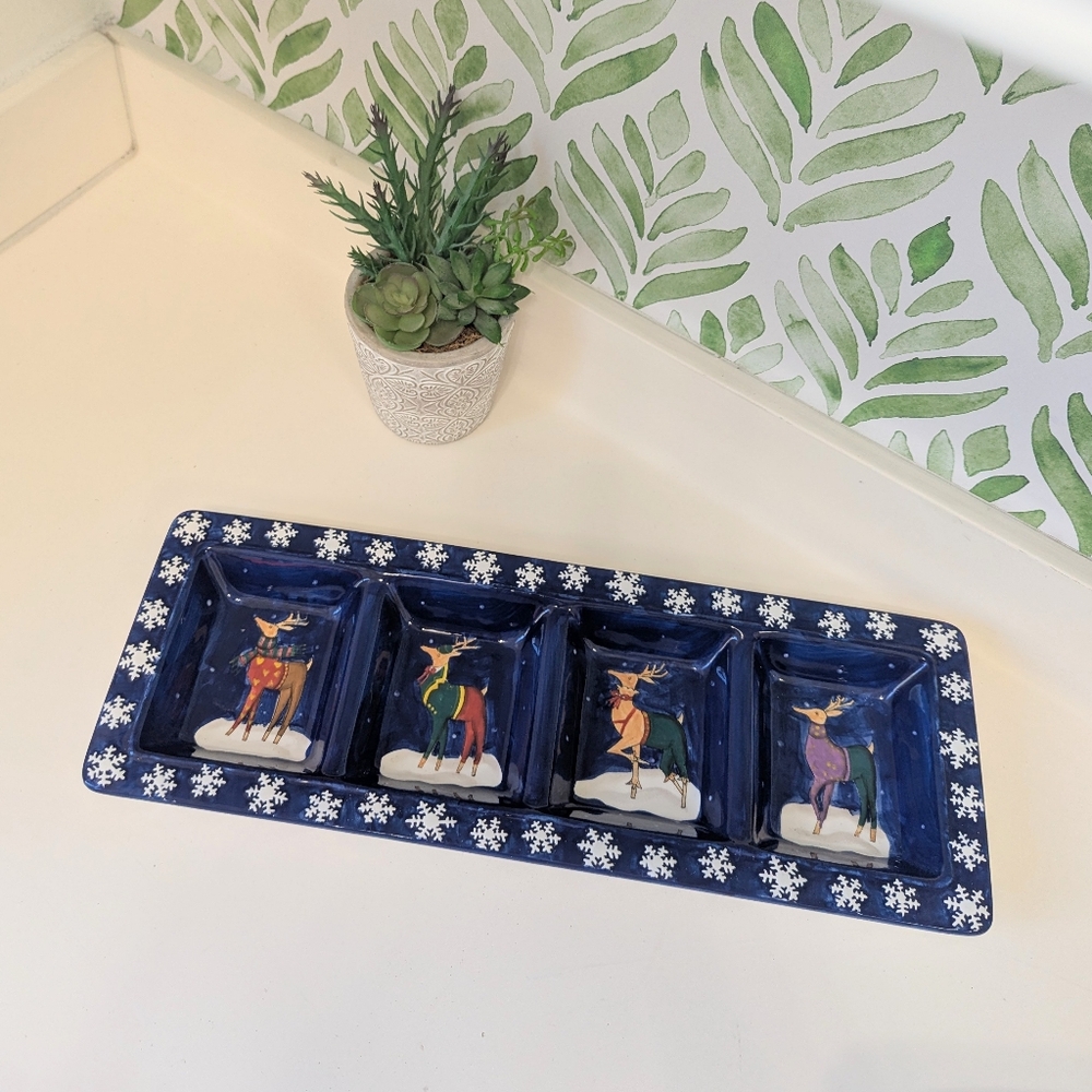 Rebecca Ruegger CIC Reindeer Serving Platters Blue Christmas Theme Rectangular